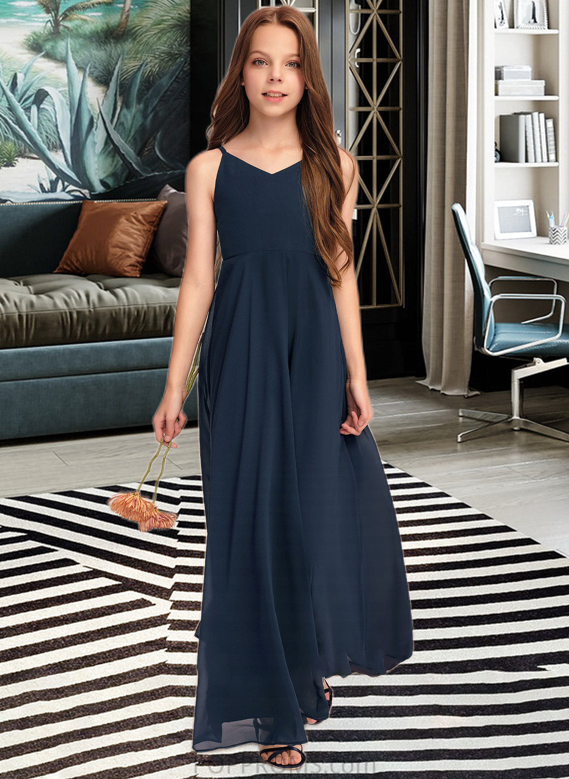 Andrea A-Line V-neck Floor-Length Chiffon Junior Bridesmaid Dress With Bow(s) PP6P0013432