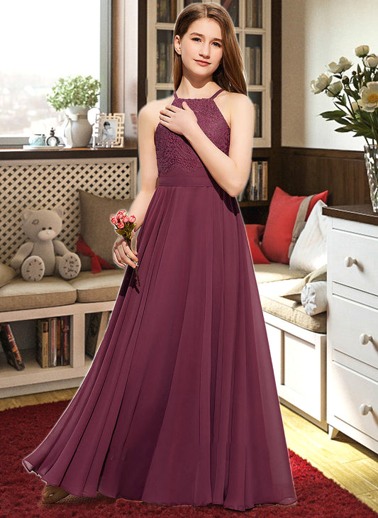 Millicent A-Line Square Neckline Floor-Length Chiffon Lace Junior Bridesmaid Dress PP6P0013434