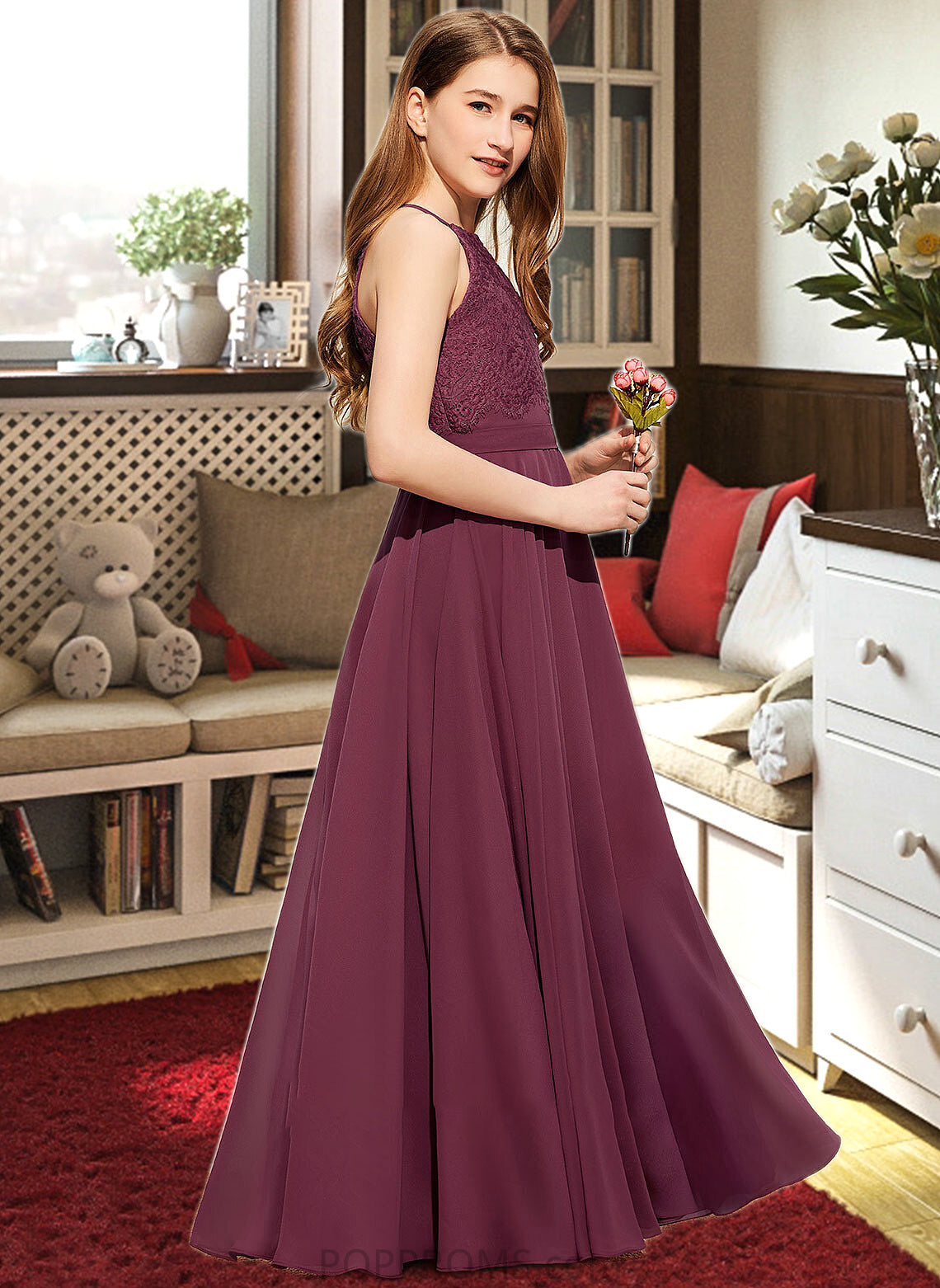 Millicent A-Line Square Neckline Floor-Length Chiffon Lace Junior Bridesmaid Dress PP6P0013434