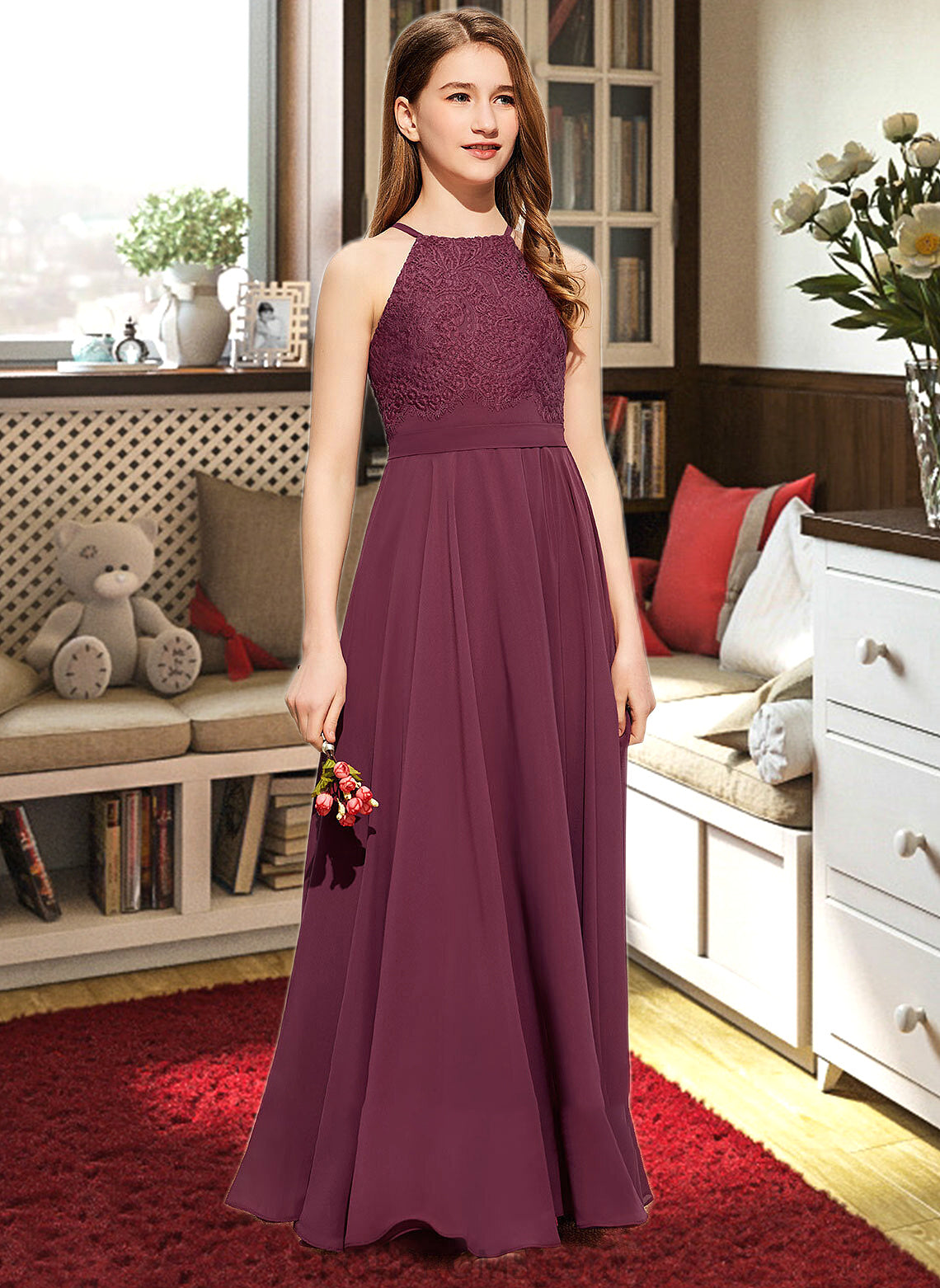 Millicent A-Line Square Neckline Floor-Length Chiffon Lace Junior Bridesmaid Dress PP6P0013434