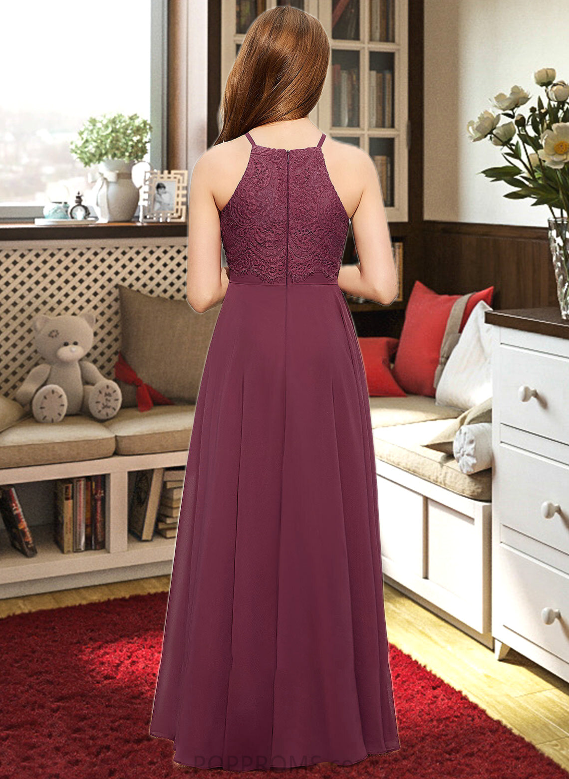 Millicent A-Line Square Neckline Floor-Length Chiffon Lace Junior Bridesmaid Dress PP6P0013434