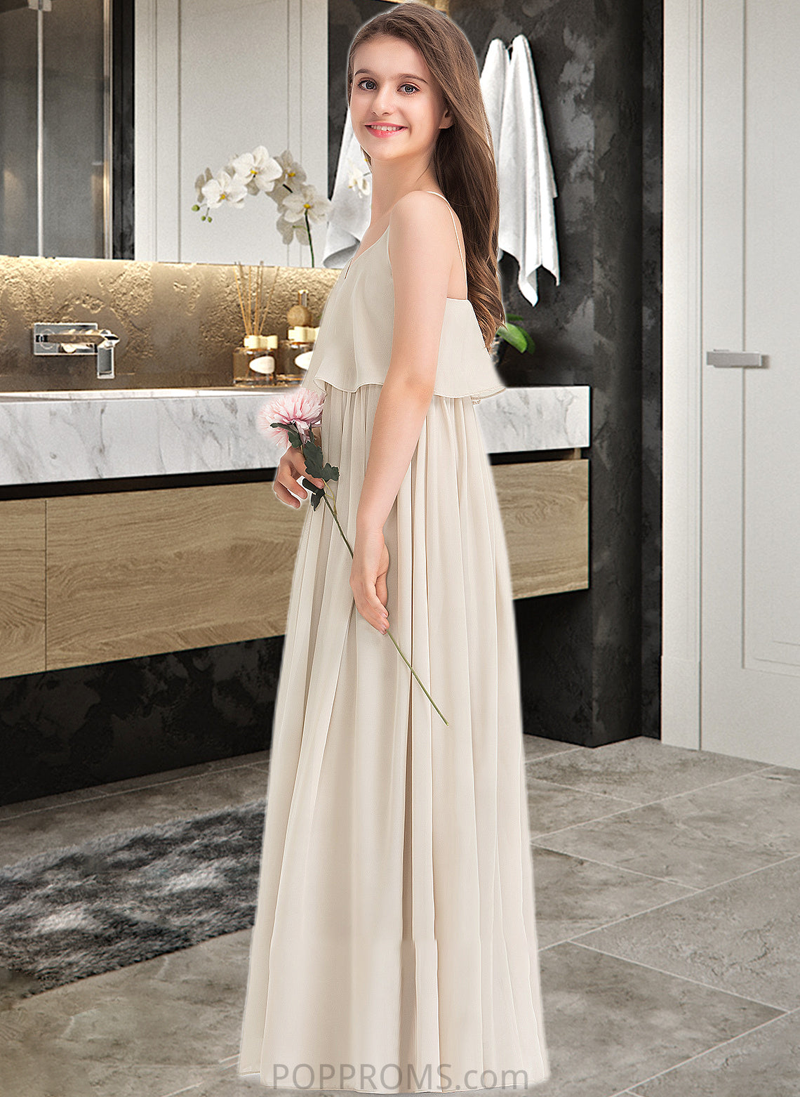 Natalee A-Line V-neck Floor-Length Chiffon Junior Bridesmaid Dress PP6P0013435