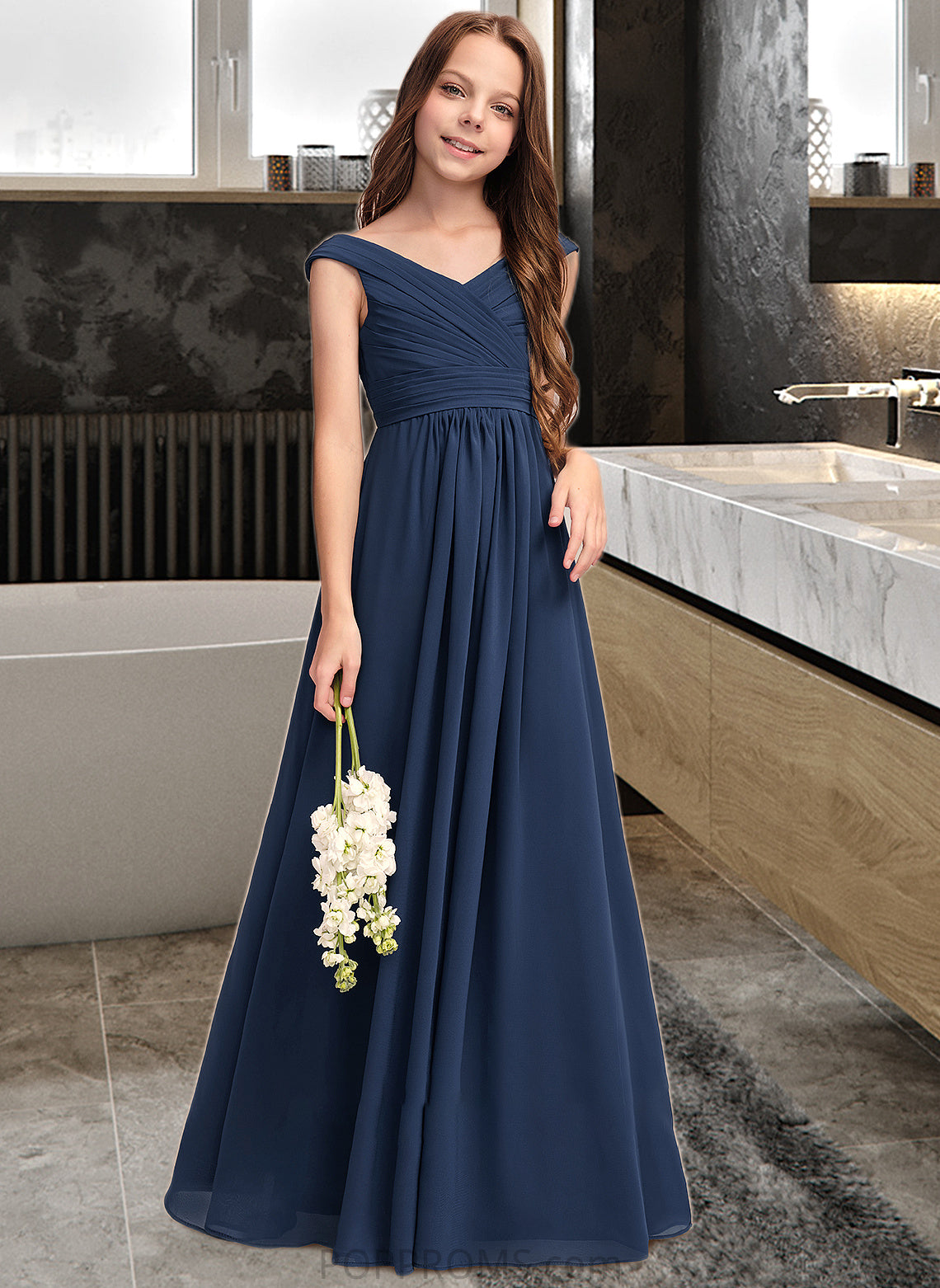 Madilyn A-Line Off-the-Shoulder Floor-Length Chiffon Junior Bridesmaid Dress With Ruffles PP6P0013436