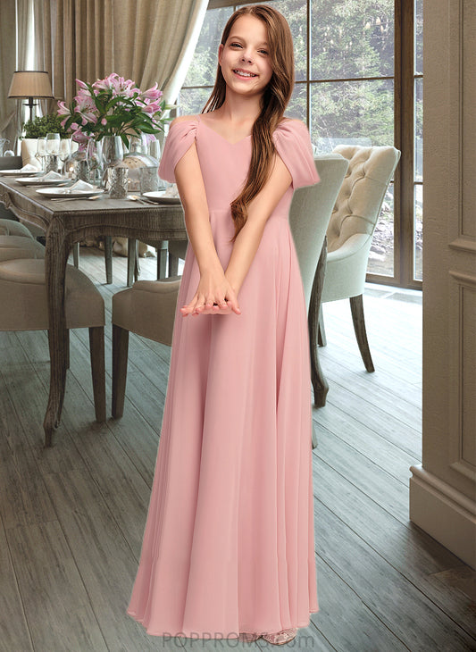 Tina A-Line V-neck Floor-Length Chiffon Junior Bridesmaid Dress With Ruffle PP6P0013437