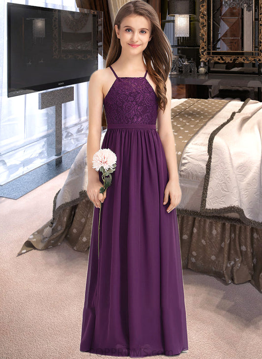 Noemi A-Line Square Neckline Floor-Length Chiffon Lace Junior Bridesmaid Dress With Bow(s) PP6P0013438