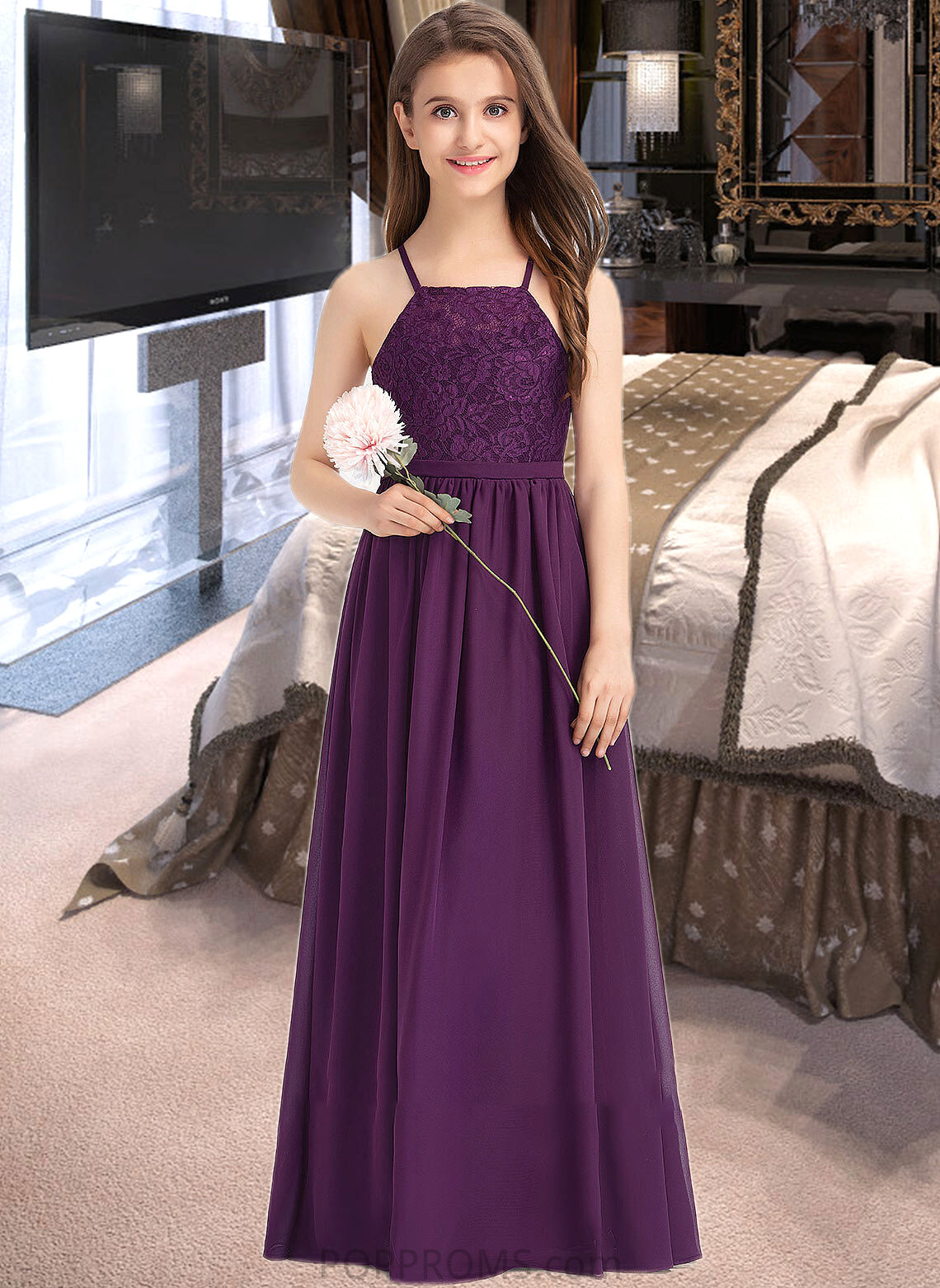 Noemi A-Line Square Neckline Floor-Length Chiffon Lace Junior Bridesmaid Dress With Bow(s) PP6P0013438