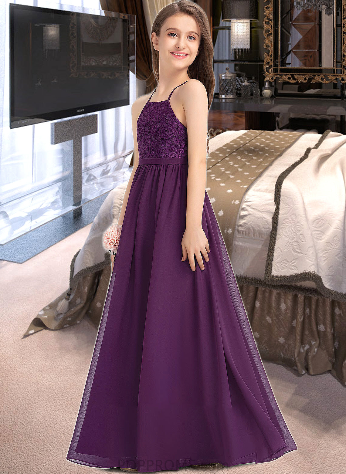 Noemi A-Line Square Neckline Floor-Length Chiffon Lace Junior Bridesmaid Dress With Bow(s) PP6P0013438