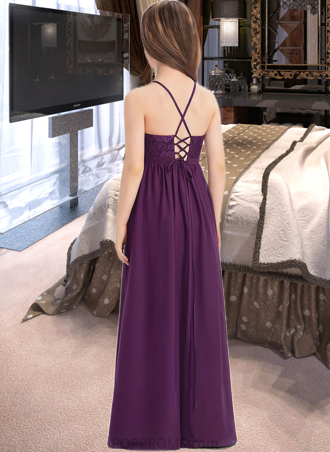 Noemi A-Line Square Neckline Floor-Length Chiffon Lace Junior Bridesmaid Dress With Bow(s) PP6P0013438