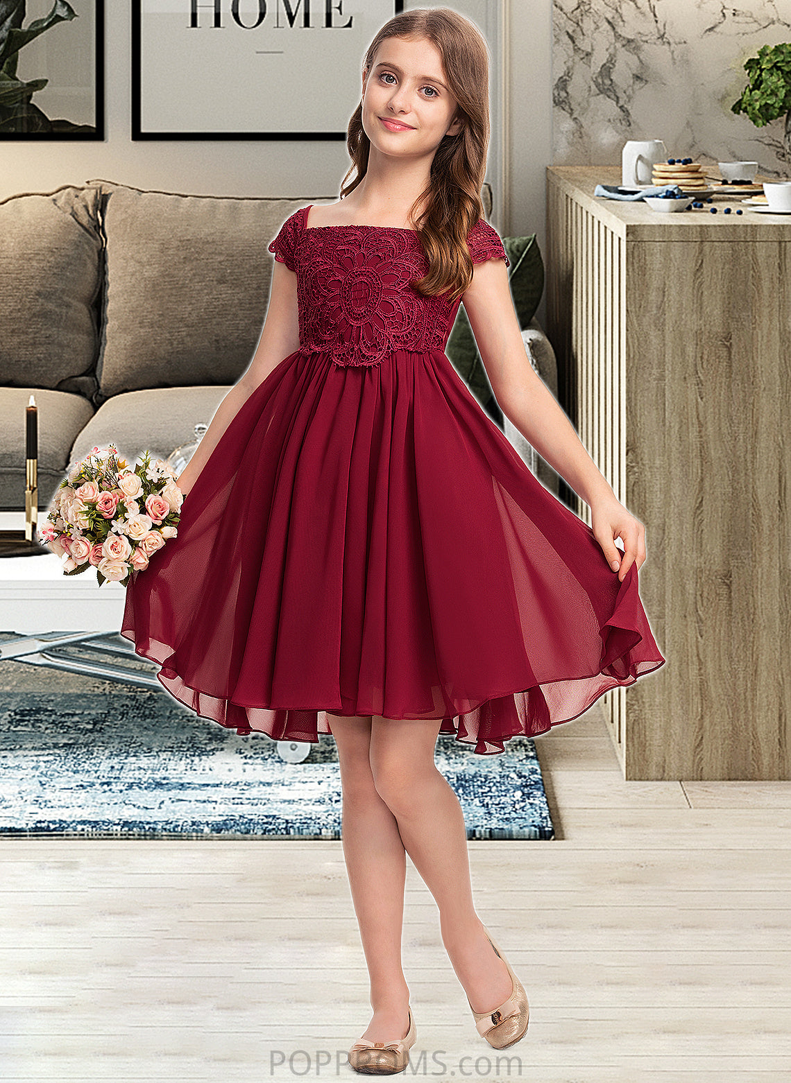 Jaylin A-Line Off-the-Shoulder Knee-Length Chiffon Lace Junior Bridesmaid Dress With Bow(s) PP6P0013456