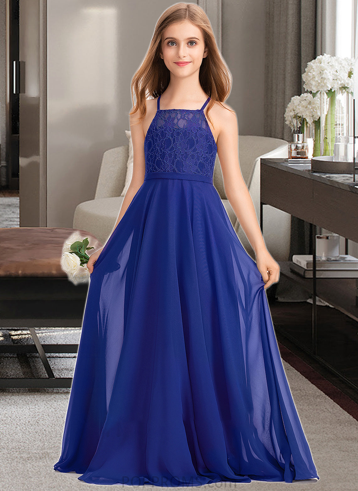 Kristin A-Line Square Neckline Floor-Length Chiffon Lace Junior Bridesmaid Dress PP6P0013457