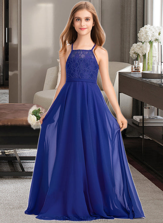 Kristin A-Line Square Neckline Floor-Length Chiffon Lace Junior Bridesmaid Dress PP6P0013457