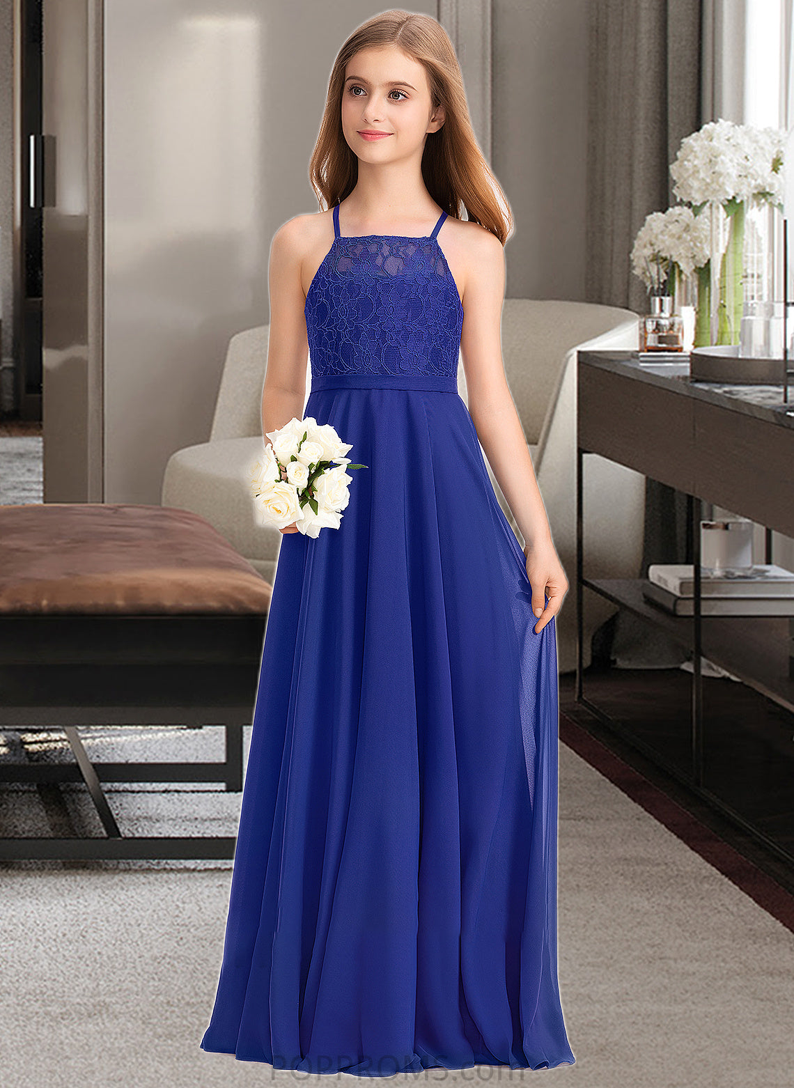 Kristin A-Line Square Neckline Floor-Length Chiffon Lace Junior Bridesmaid Dress PP6P0013457