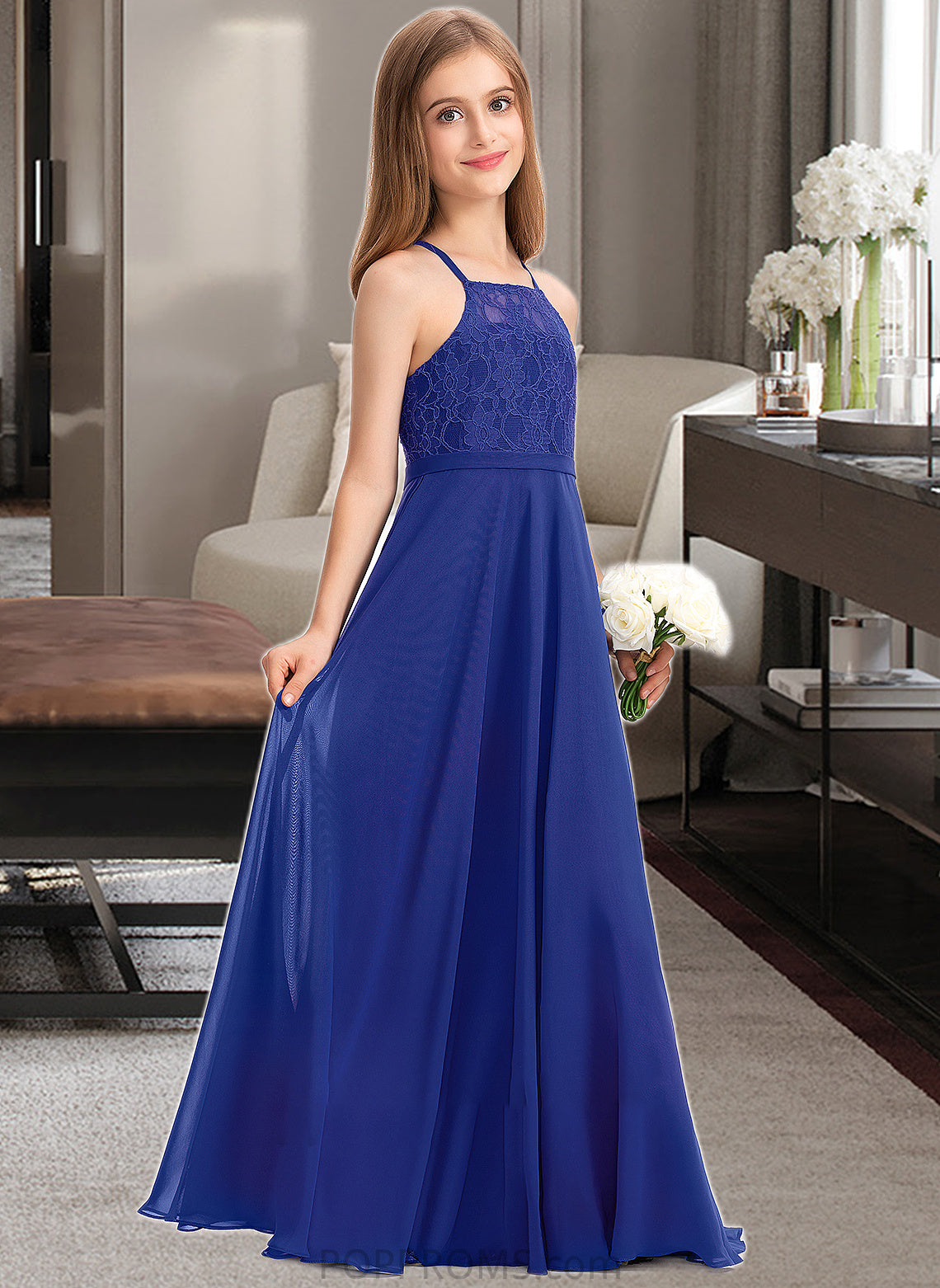 Kristin A-Line Square Neckline Floor-Length Chiffon Lace Junior Bridesmaid Dress PP6P0013457