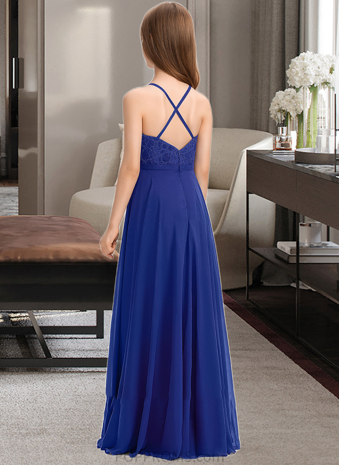 Kristin A-Line Square Neckline Floor-Length Chiffon Lace Junior Bridesmaid Dress PP6P0013457