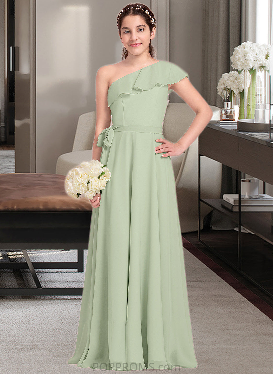 Kamora A-Line One-Shoulder Floor-Length Chiffon Junior Bridesmaid Dress With Cascading Ruffles PP6P0013458