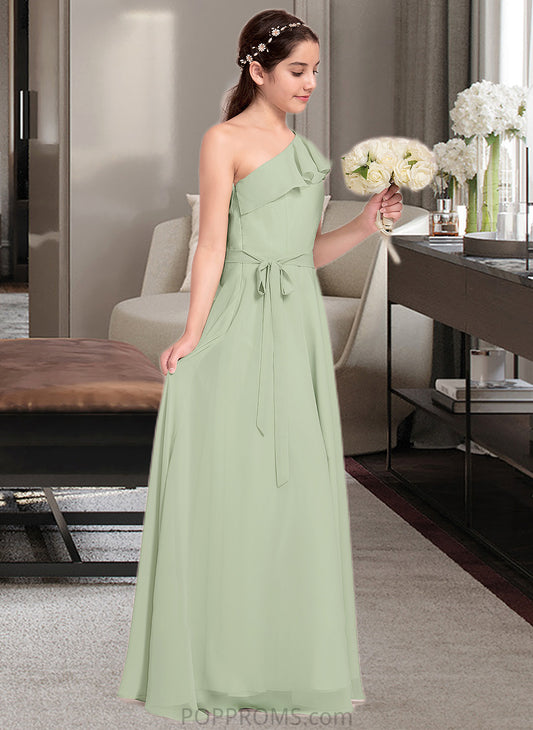 Kamora A-Line One-Shoulder Floor-Length Chiffon Junior Bridesmaid Dress With Cascading Ruffles PP6P0013458