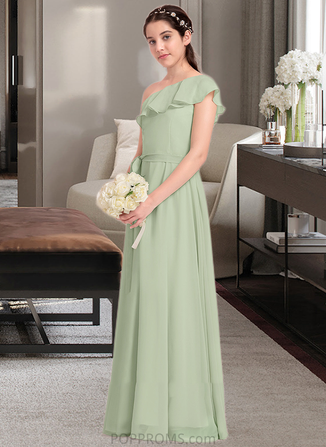 Kamora A-Line One-Shoulder Floor-Length Chiffon Junior Bridesmaid Dress With Cascading Ruffles PP6P0013458