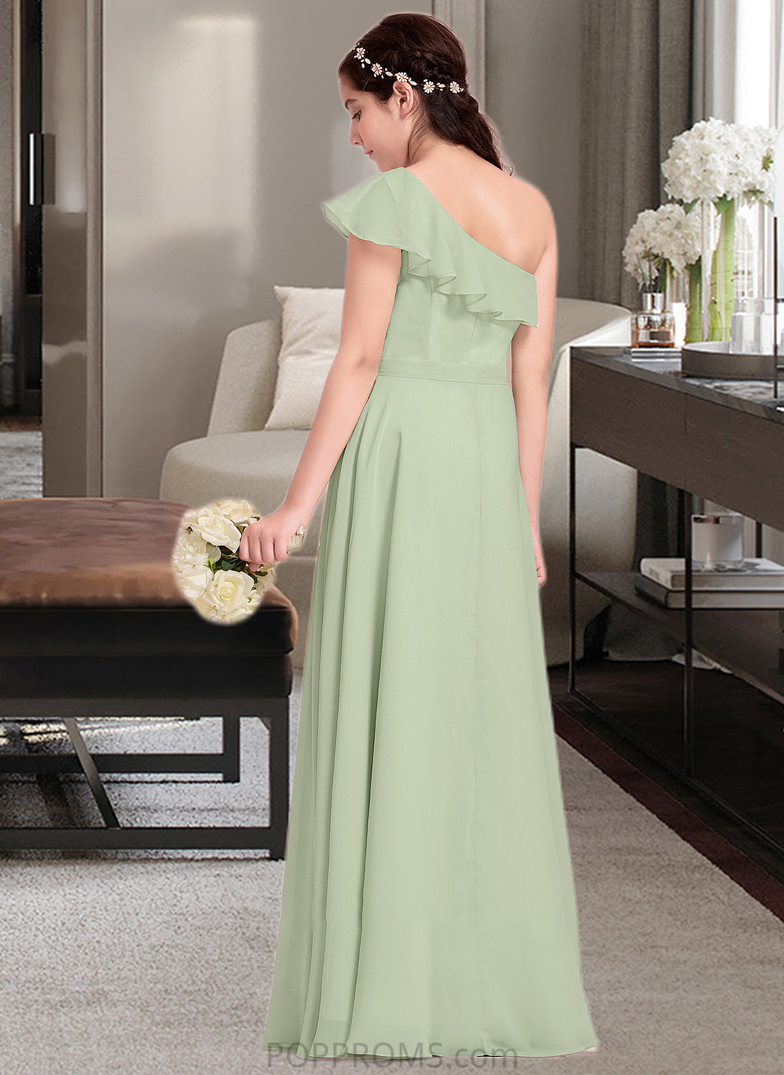 Kamora A-Line One-Shoulder Floor-Length Chiffon Junior Bridesmaid Dress With Cascading Ruffles PP6P0013458