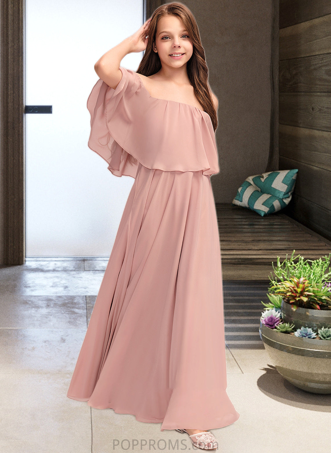 Maeve A-Line Off-the-Shoulder Floor-Length Chiffon Junior Bridesmaid Dress With Ruffle PP6P0013459