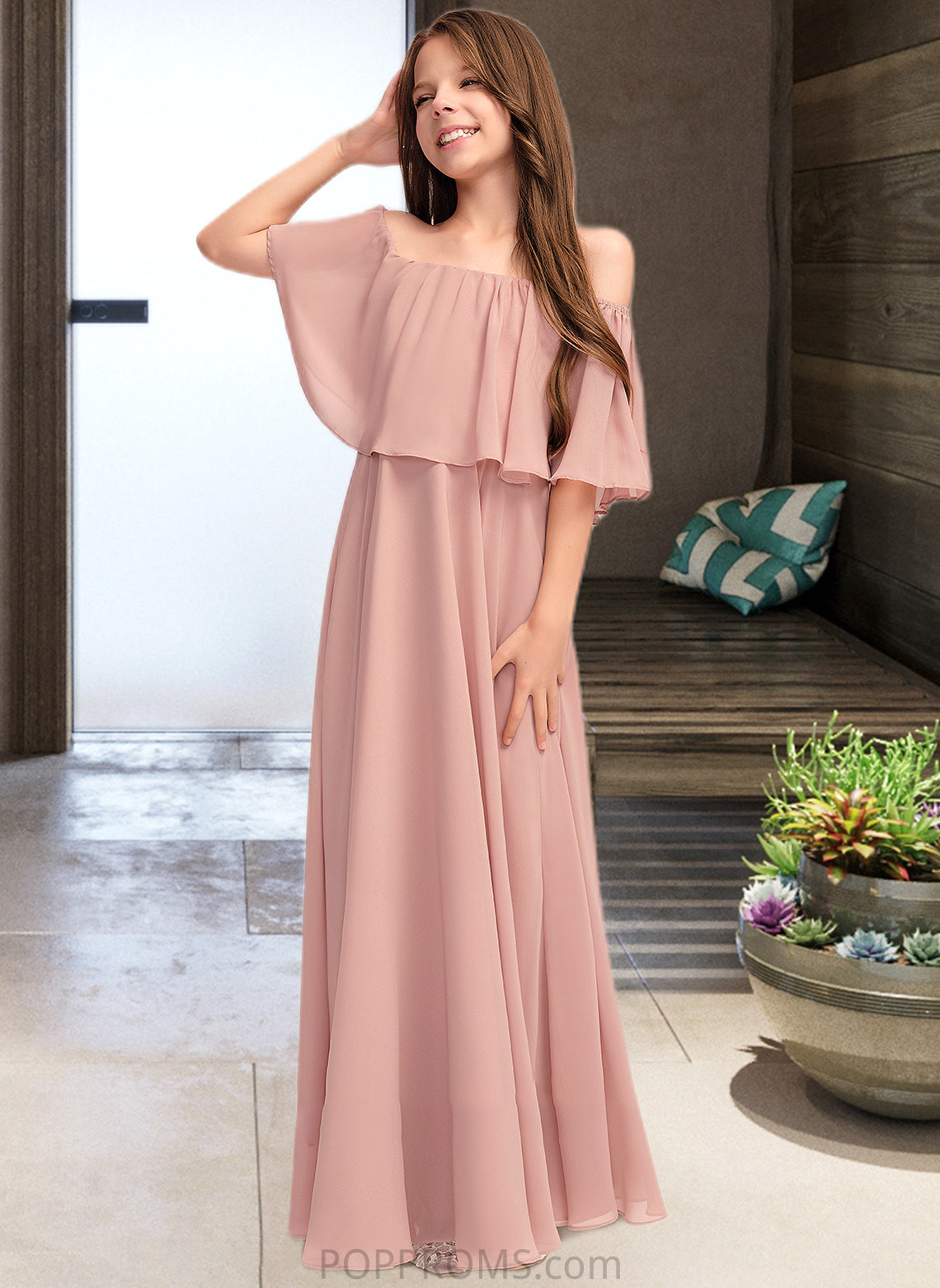 Maeve A-Line Off-the-Shoulder Floor-Length Chiffon Junior Bridesmaid Dress With Ruffle PP6P0013459