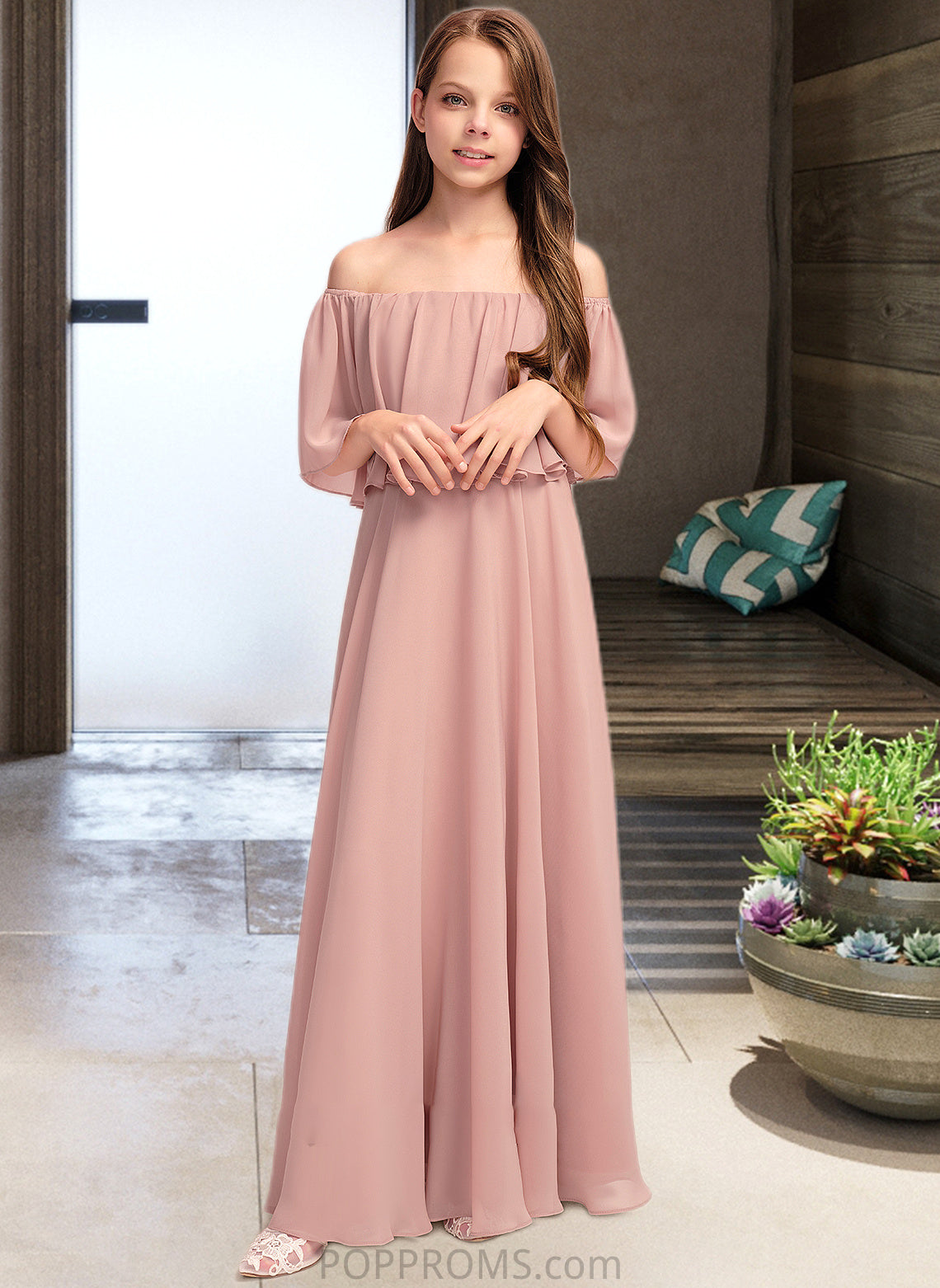 Maeve A-Line Off-the-Shoulder Floor-Length Chiffon Junior Bridesmaid Dress With Ruffle PP6P0013459