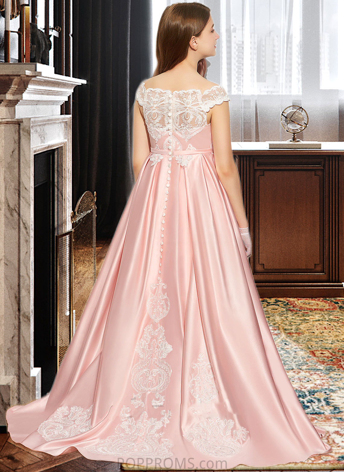 Alexis Ball-Gown/Princess Off-the-Shoulder Sweep Train Satin Lace Junior Bridesmaid Dress PP6P0013460