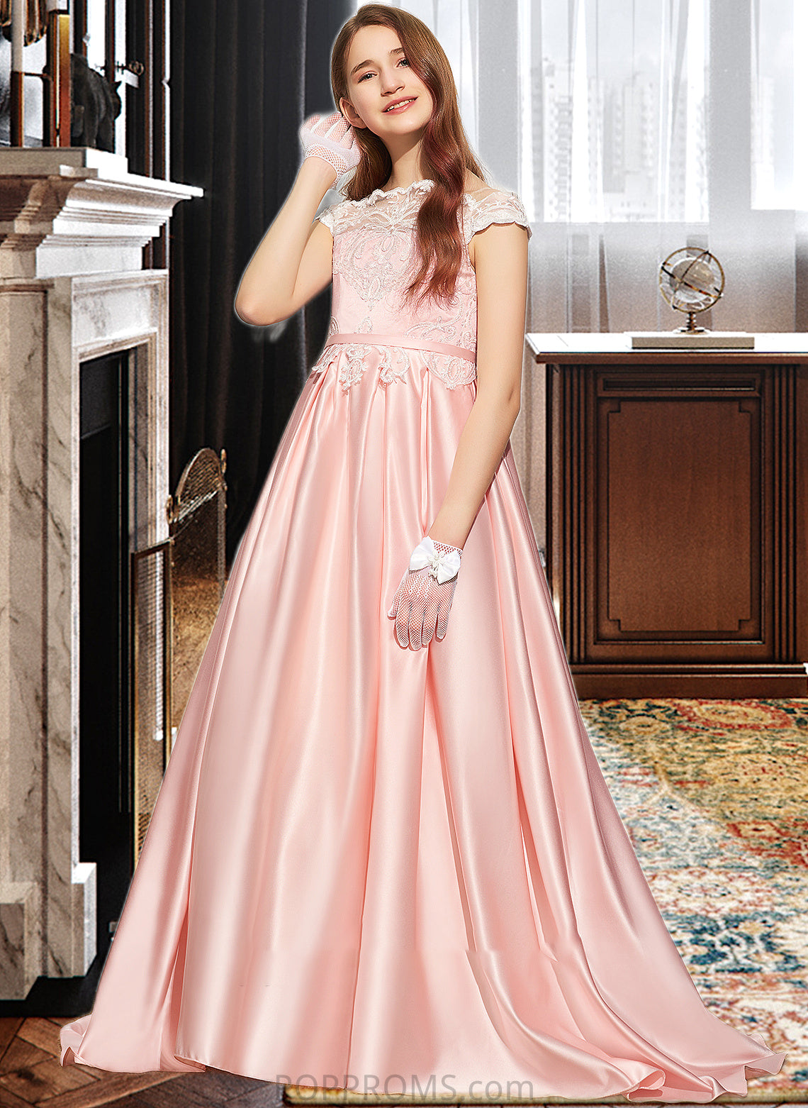 Alexis Ball-Gown/Princess Off-the-Shoulder Sweep Train Satin Lace Junior Bridesmaid Dress PP6P0013460