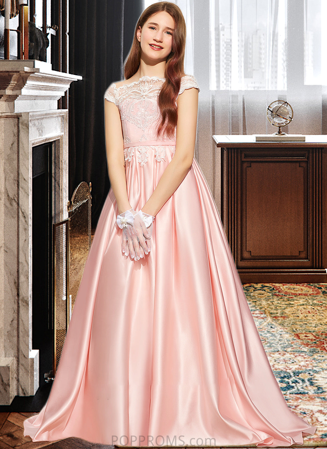 Alexis Ball-Gown/Princess Off-the-Shoulder Sweep Train Satin Lace Junior Bridesmaid Dress PP6P0013460