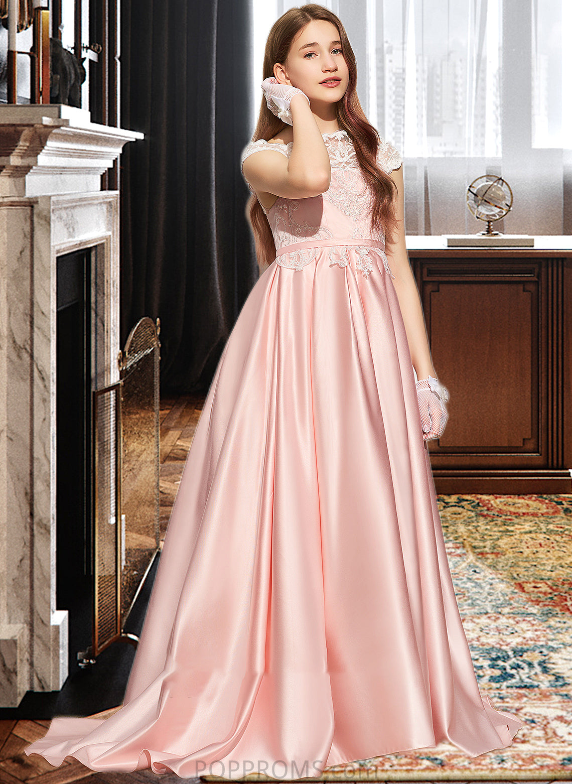 Alexis Ball-Gown/Princess Off-the-Shoulder Sweep Train Satin Lace Junior Bridesmaid Dress PP6P0013460