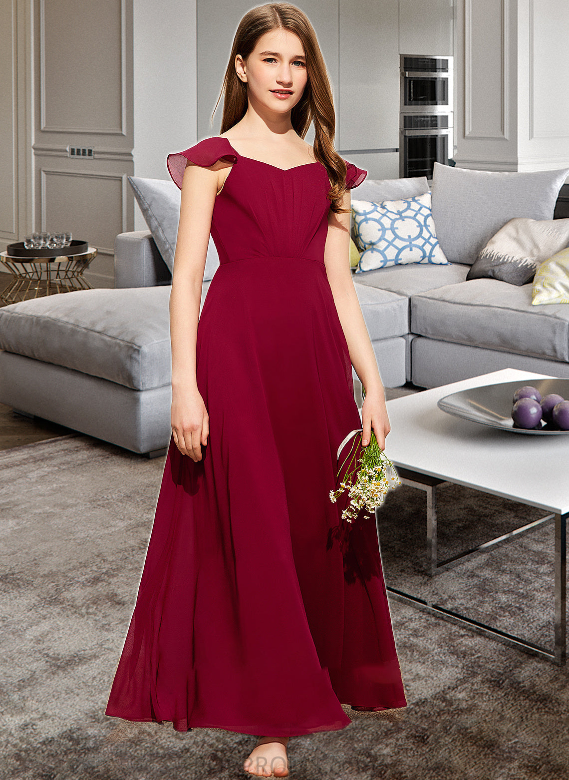 Shyla A-Line V-neck Floor-Length Chiffon Junior Bridesmaid Dress With Ruffle PP6P0013461