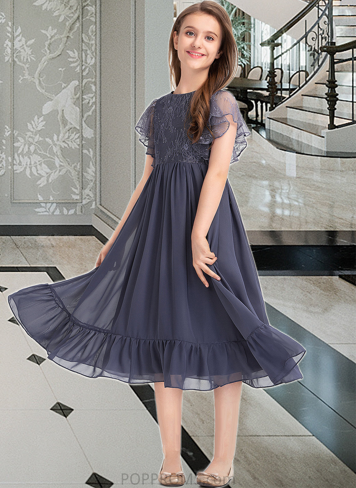 Celeste A-Line Scoop Neck Knee-Length Chiffon Lace Junior Bridesmaid Dress With Cascading Ruffles PP6P0013462