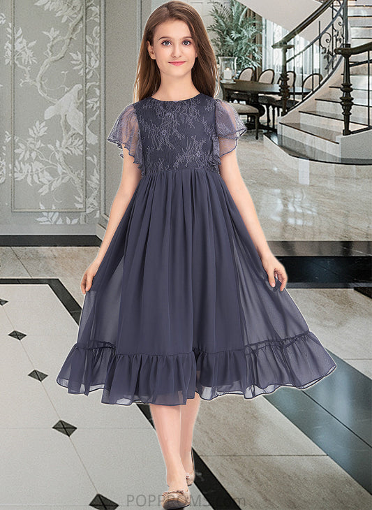 Celeste A-Line Scoop Neck Knee-Length Chiffon Lace Junior Bridesmaid Dress With Cascading Ruffles PP6P0013462