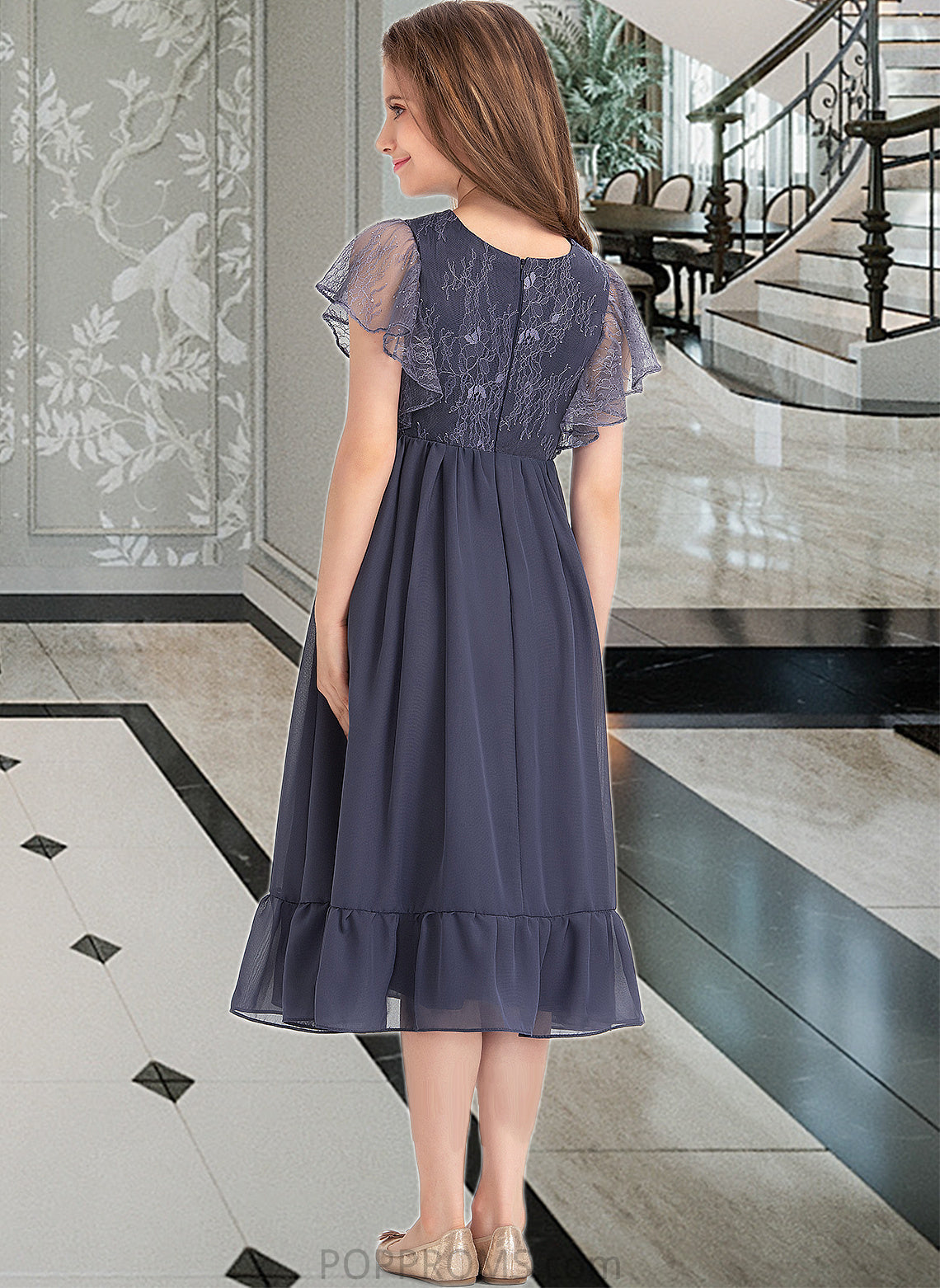 Celeste A-Line Scoop Neck Knee-Length Chiffon Lace Junior Bridesmaid Dress With Cascading Ruffles PP6P0013462