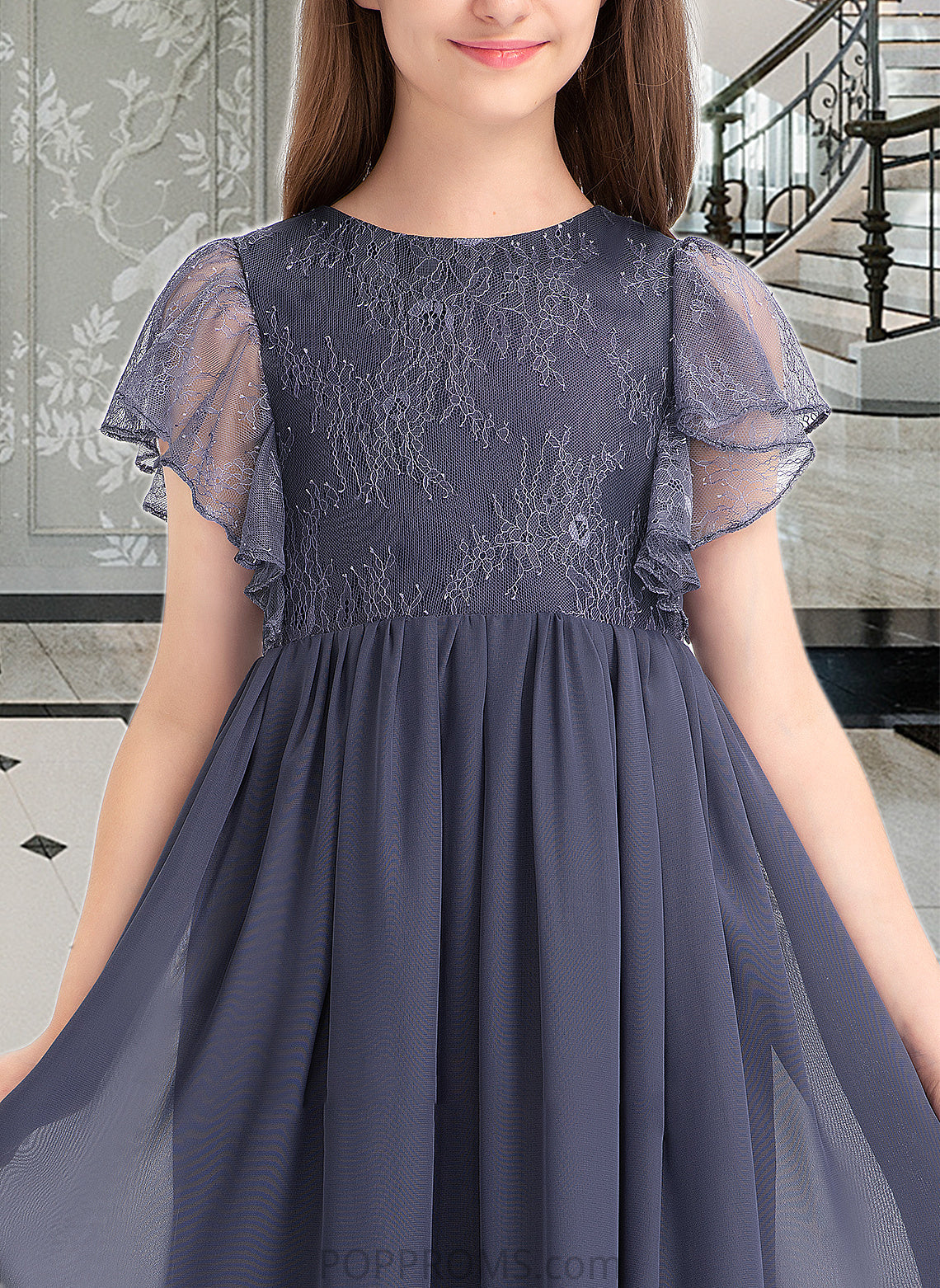 Celeste A-Line Scoop Neck Knee-Length Chiffon Lace Junior Bridesmaid Dress With Cascading Ruffles PP6P0013462