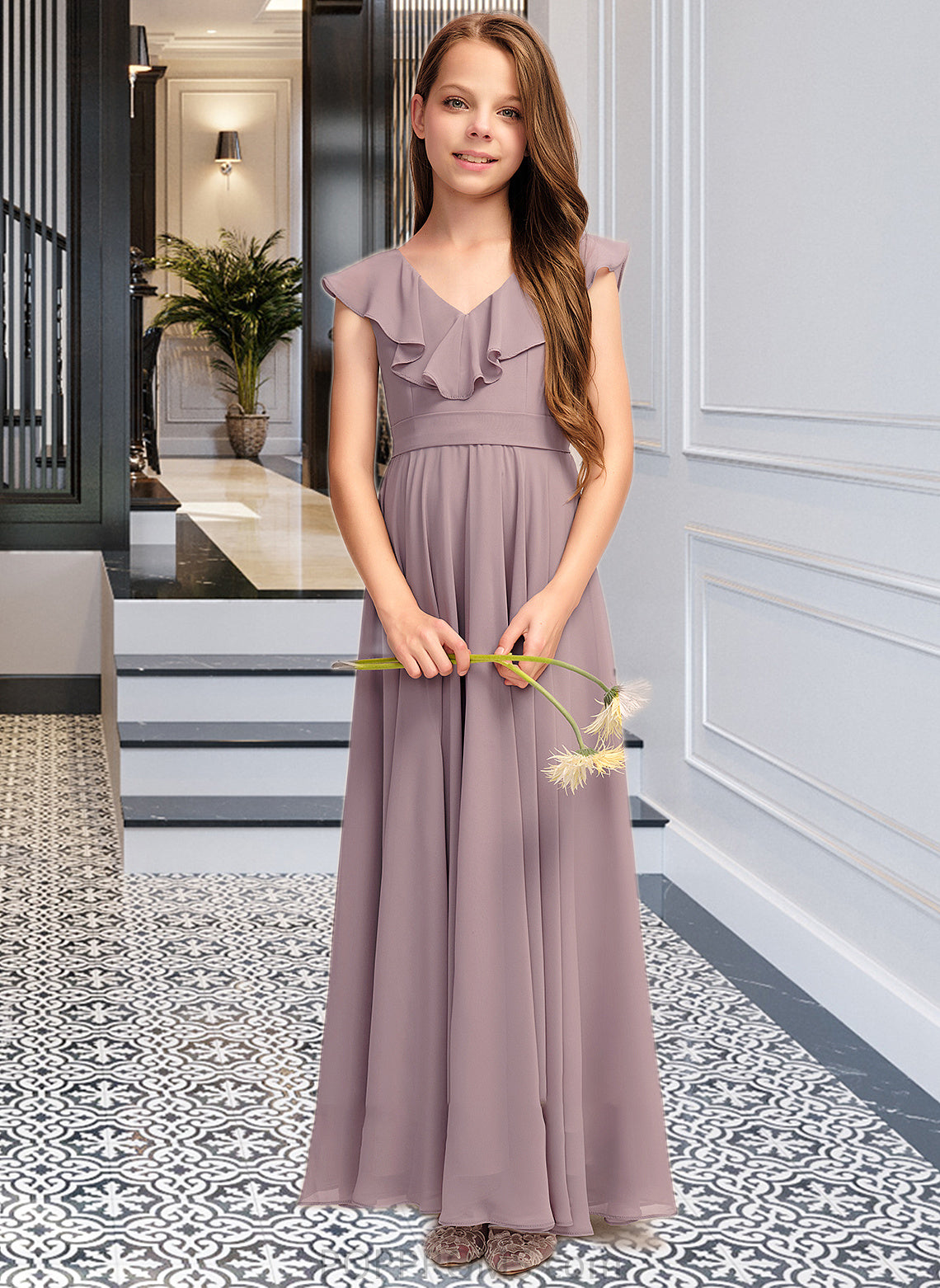 Shania A-Line V-neck Floor-Length Chiffon Junior Bridesmaid Dress With Cascading Ruffles PP6P0013464