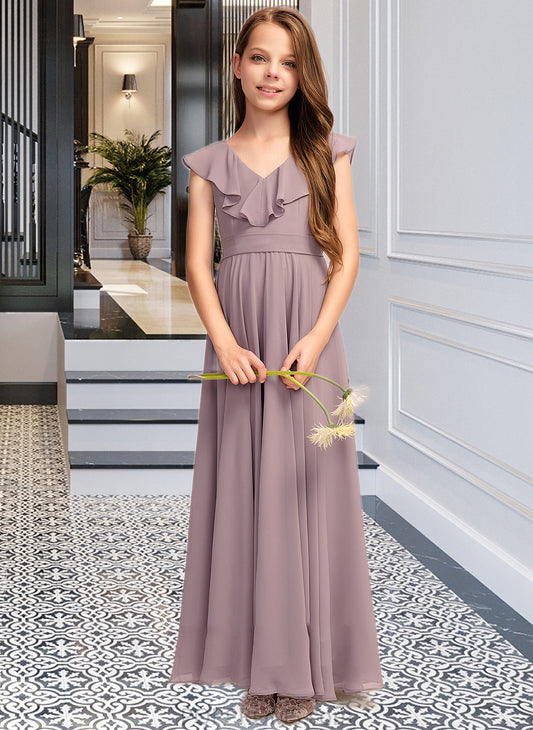 Shania A-Line V-neck Floor-Length Chiffon Junior Bridesmaid Dress With Cascading Ruffles PP6P0013464