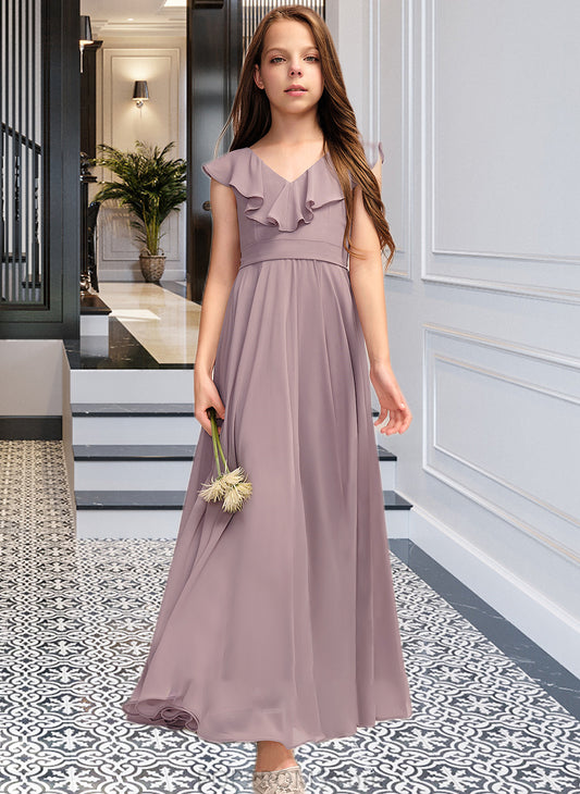 Shania A-Line V-neck Floor-Length Chiffon Junior Bridesmaid Dress With Cascading Ruffles PP6P0013464