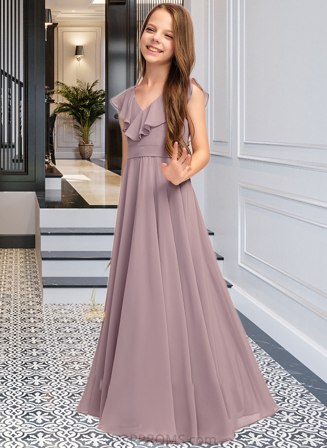 Shania A-Line V-neck Floor-Length Chiffon Junior Bridesmaid Dress With Cascading Ruffles PP6P0013464