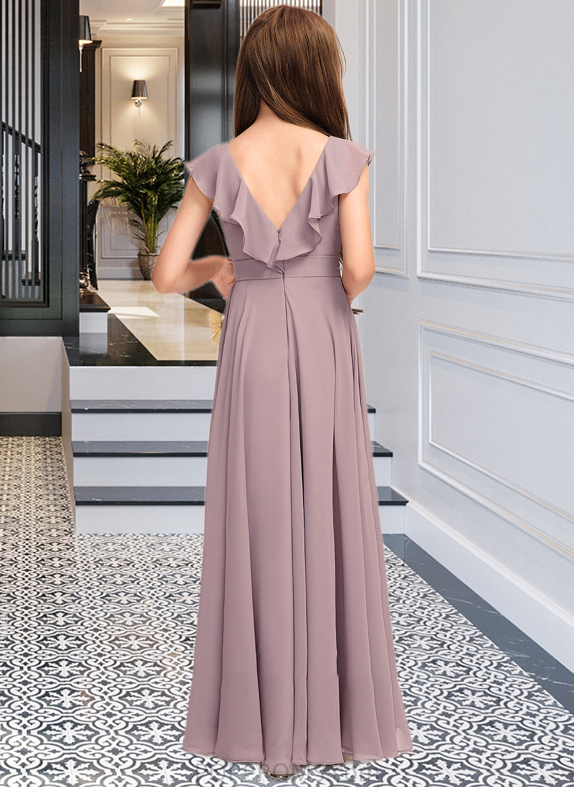 Shania A-Line V-neck Floor-Length Chiffon Junior Bridesmaid Dress With Cascading Ruffles PP6P0013464