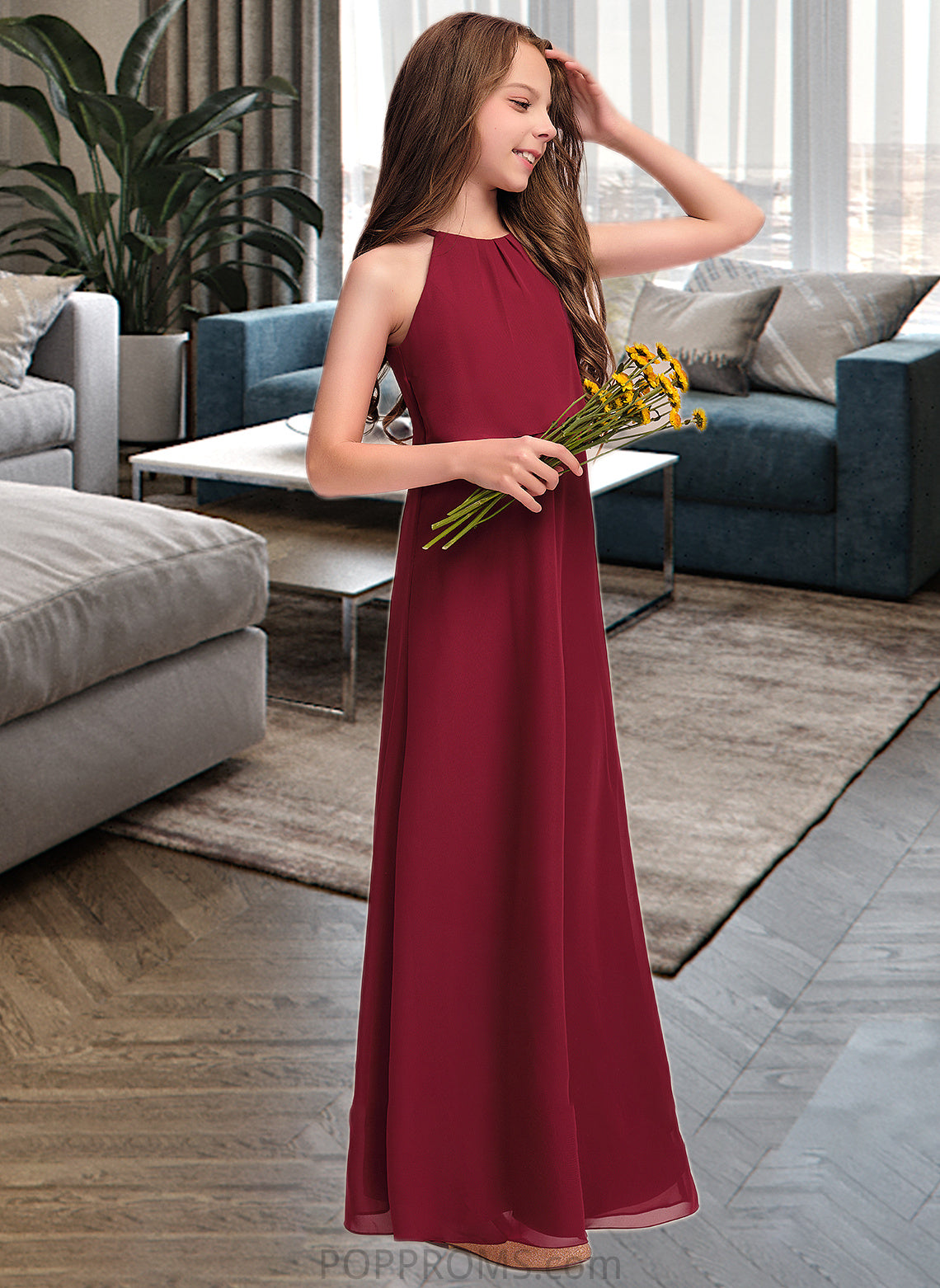 Martina A-Line Scoop Neck Floor-Length Chiffon Junior Bridesmaid Dress With Ruffles PP6P0013465