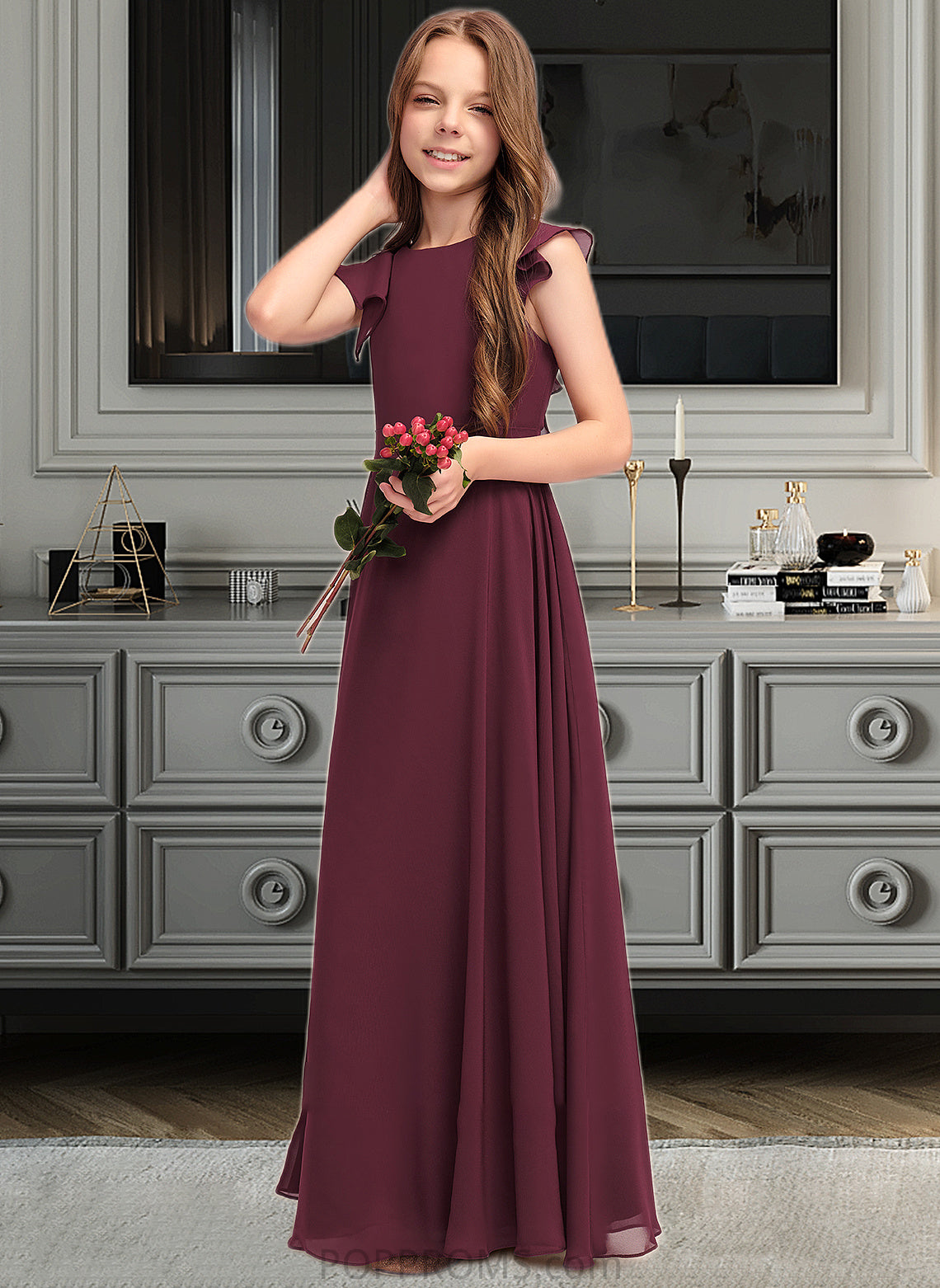 Aimee A-Line Scoop Neck Floor-Length Chiffon Junior Bridesmaid Dress With Cascading Ruffles PP6P0013466