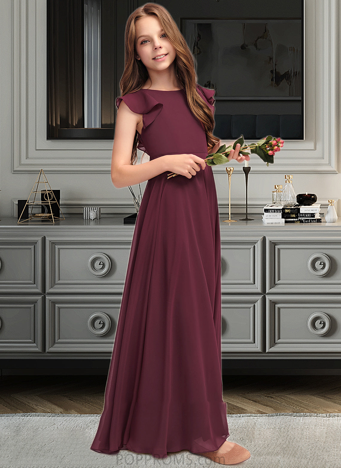 Aimee A-Line Scoop Neck Floor-Length Chiffon Junior Bridesmaid Dress With Cascading Ruffles PP6P0013466