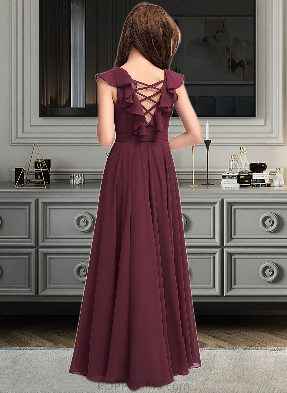 Aimee A-Line Scoop Neck Floor-Length Chiffon Junior Bridesmaid Dress With Cascading Ruffles PP6P0013466