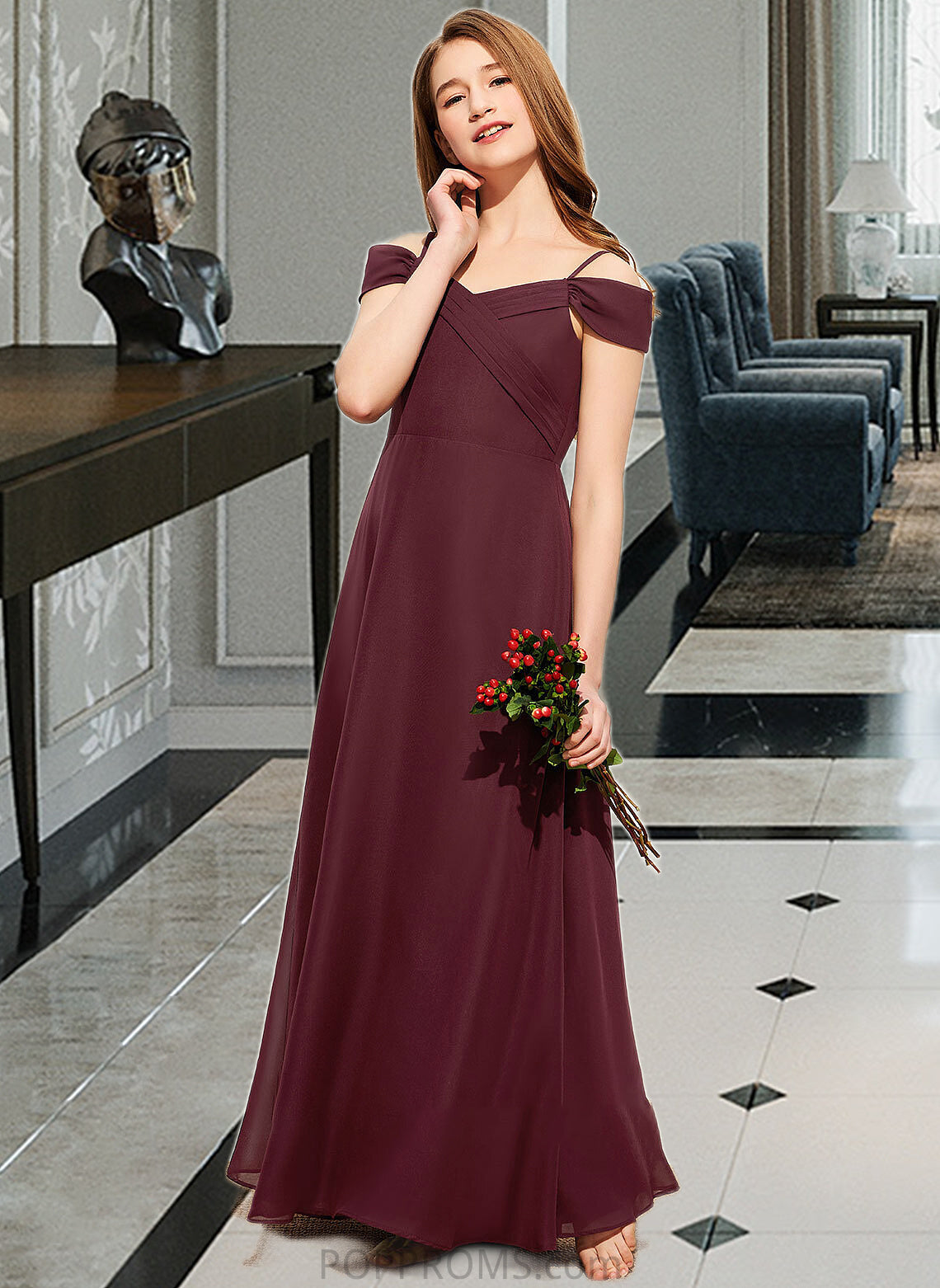 Carolina A-Line Off-the-Shoulder Floor-Length Chiffon Junior Bridesmaid Dress With Ruffle PP6P0013467