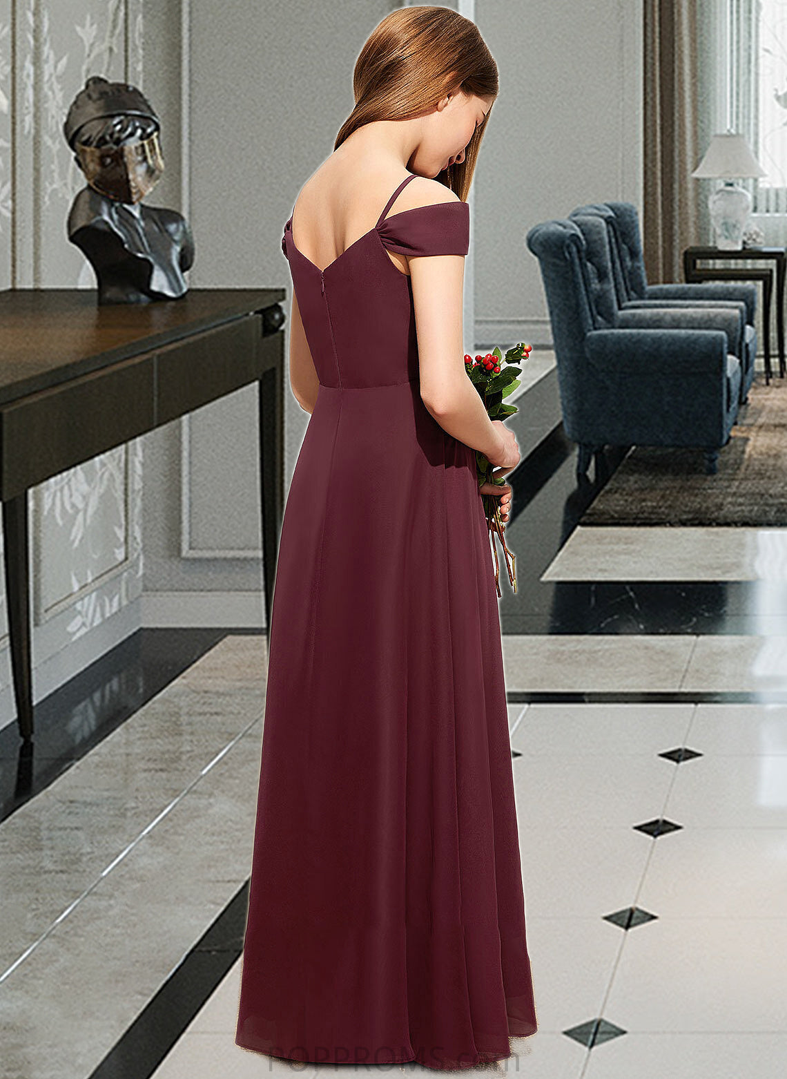 Carolina A-Line Off-the-Shoulder Floor-Length Chiffon Junior Bridesmaid Dress With Ruffle PP6P0013467