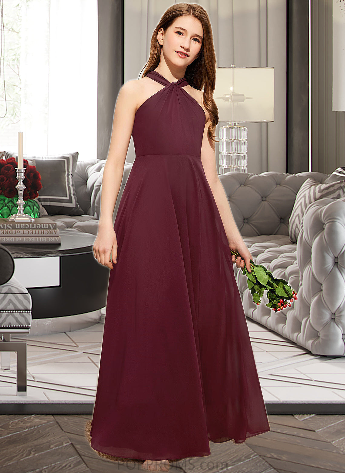 Aryana A-Line V-neck Floor-Length Chiffon Junior Bridesmaid Dress With Ruffle PP6P0013468