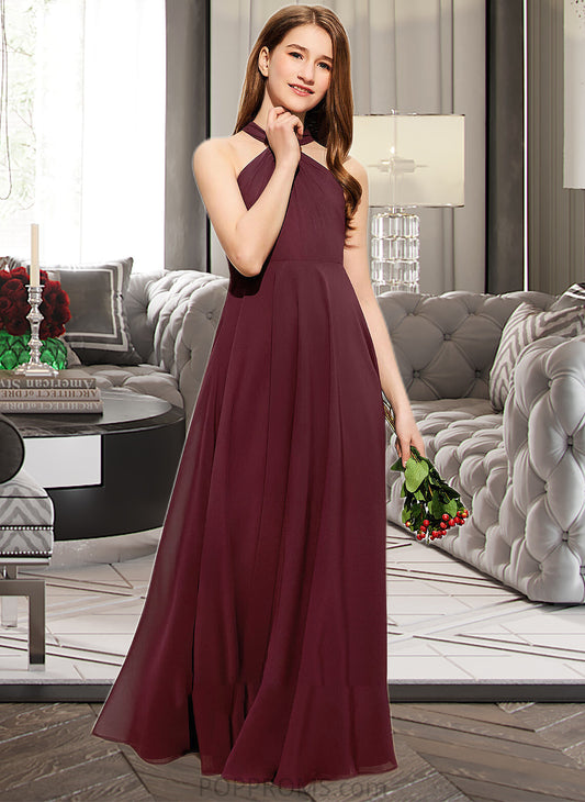 Aryana A-Line V-neck Floor-Length Chiffon Junior Bridesmaid Dress With Ruffle PP6P0013468