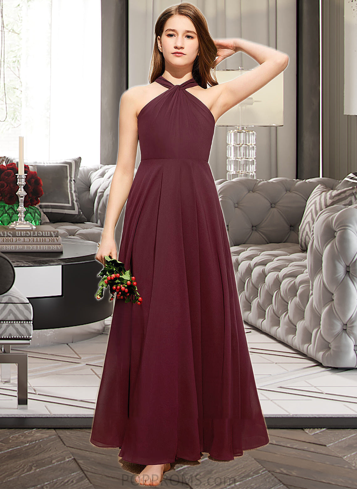 Aryana A-Line V-neck Floor-Length Chiffon Junior Bridesmaid Dress With Ruffle PP6P0013468