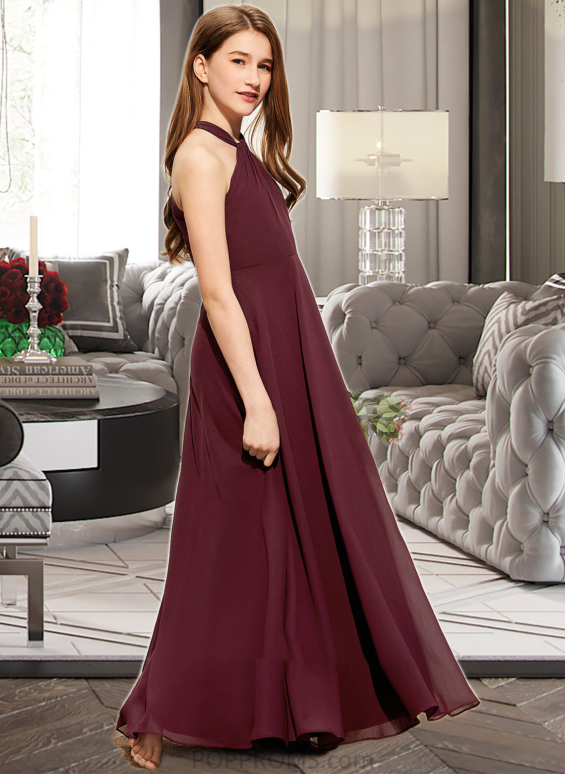 Aryana A-Line V-neck Floor-Length Chiffon Junior Bridesmaid Dress With Ruffle PP6P0013468