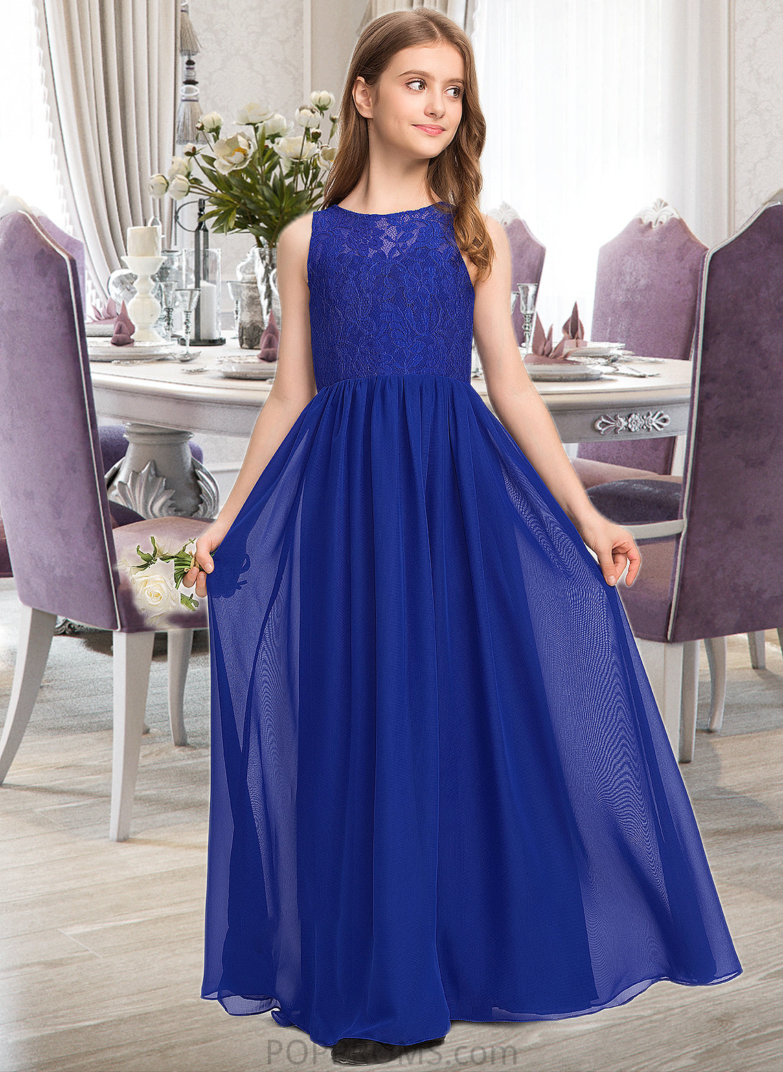 Haven A-Line Scoop Neck Floor-Length Chiffon Lace Junior Bridesmaid Dress PP6P0013469